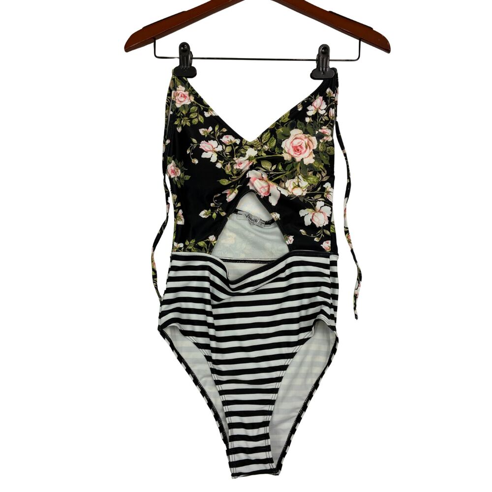 Vibescity Womens S One Piece Swimsuit Black Floral Rose Striped Cutout Swimwear